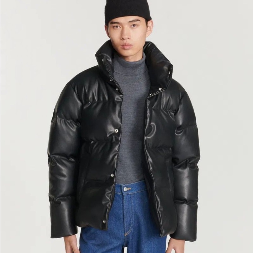 Sandro Paris leather oversized puffer down thick padded jacket coat small
